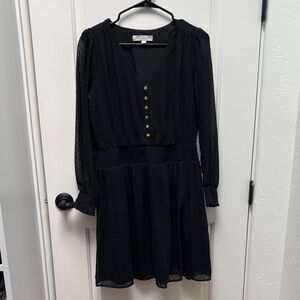LOFT Black Long-Sleeve V-Neck Smocked Waist Dress